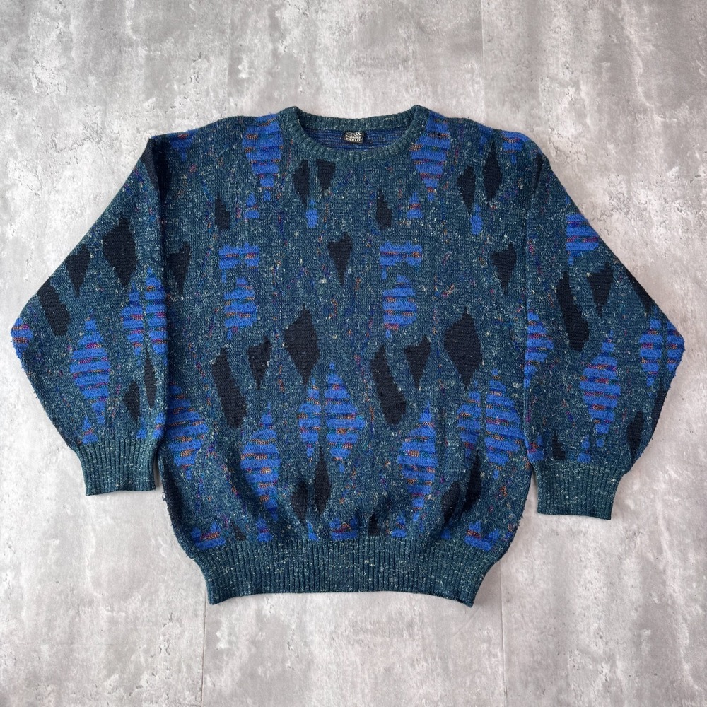 Vintage Mode Monte Carlo Sweater Mens M Blue Abstract Geometric Grandpa Knit 90s
